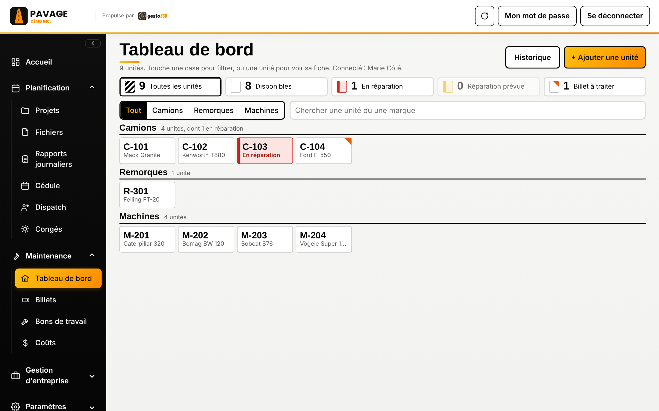 Tableau de bord de la flotte