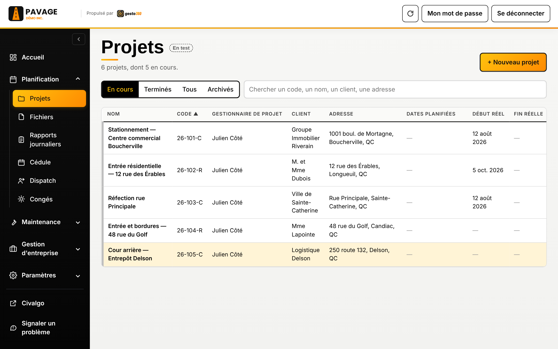 Liste des projets