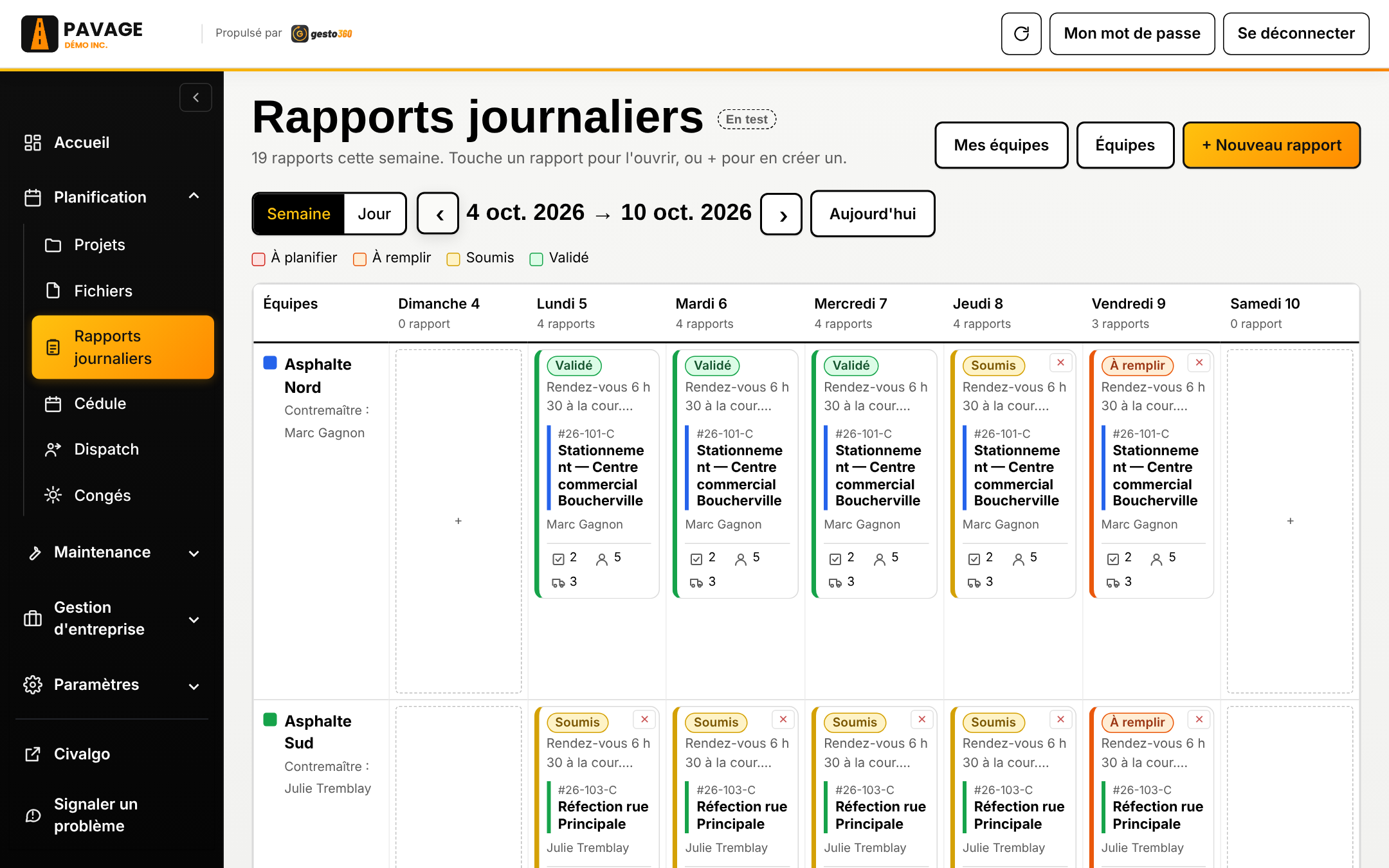 Vue de la semaine des rapports journaliers
